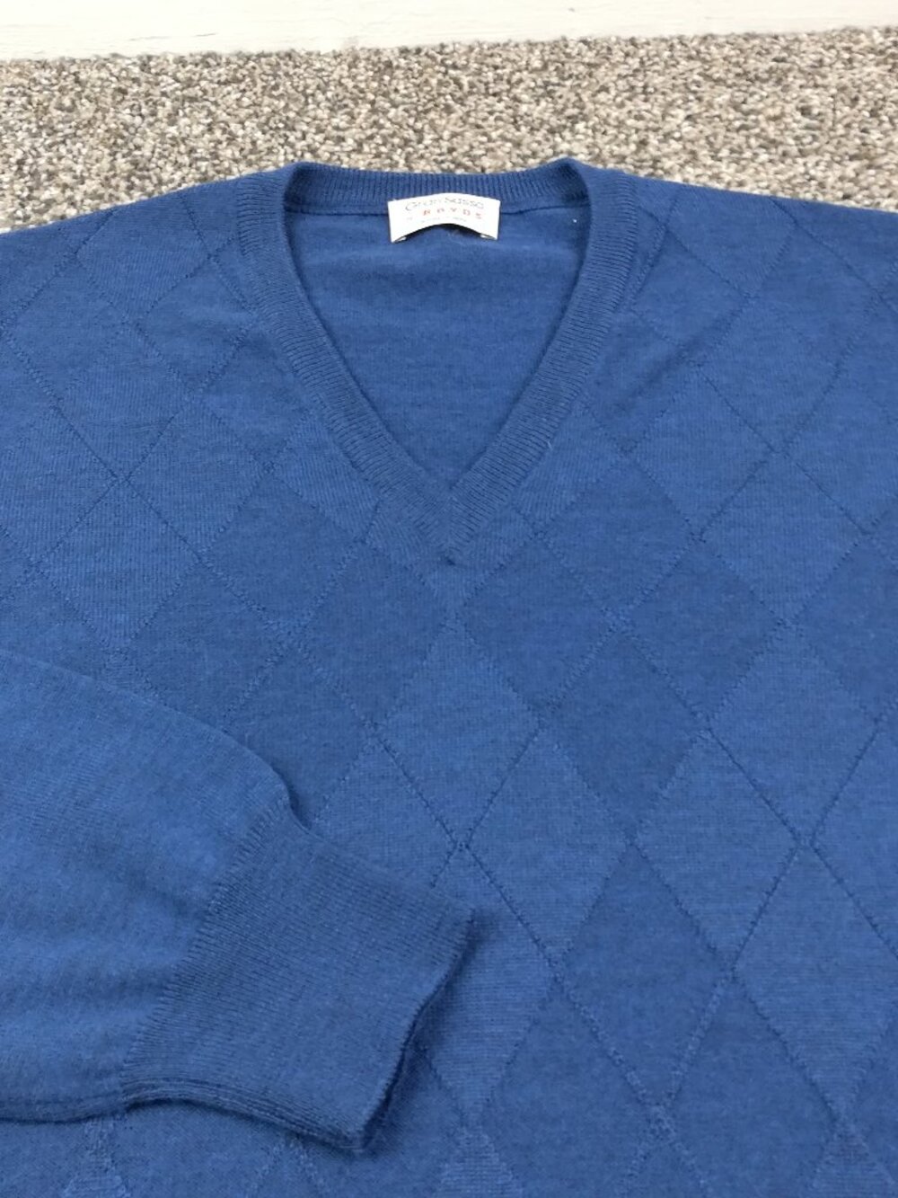 Gran Sasso Sweater Virgin Wool Argyle V Neck Blue Mens EU 54 (US Large)